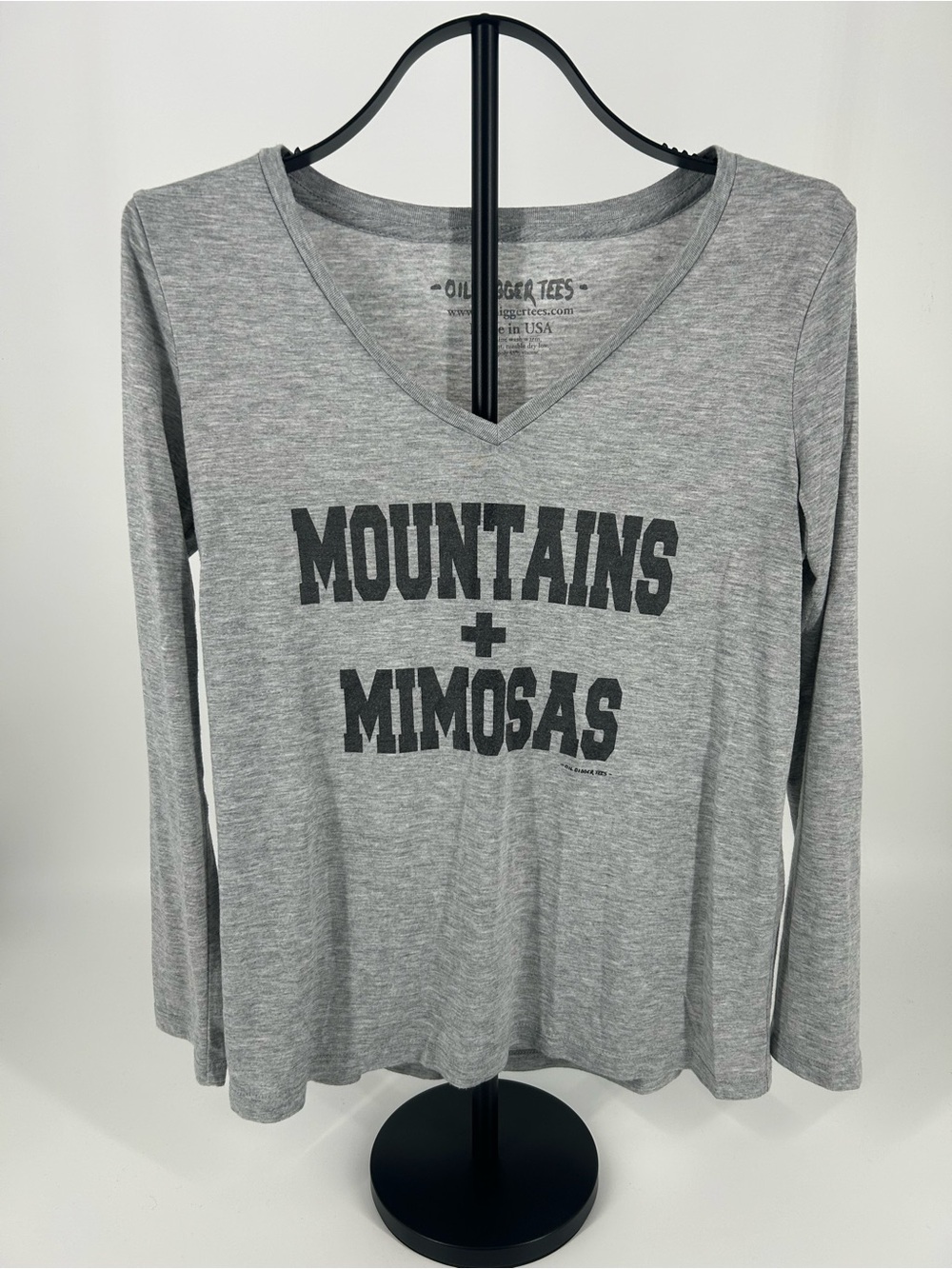 Mountains + Mimosas Gray V-Neck Long Sleeve Tee
